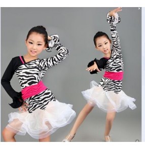 Zebra black fuchsia hot pink white patchwork printed long sleeves girls kids child children toddlers stage performances gymnastics competition latin salsa cha cha dance dresses dancewear